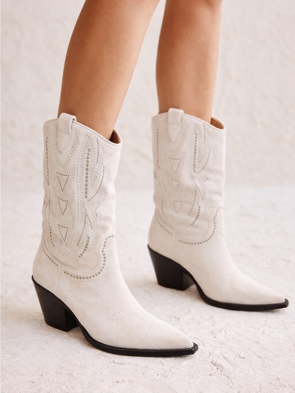 Revolve Black Suede Studio x Caroline Stanbury Laurel Cowboy Boot Cream Crystal